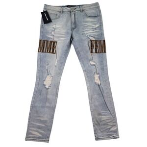 Homme + Femme Jeans Mens 32x30 Blue‎ Denim Distressed Cheetah Letterman Zip Fly